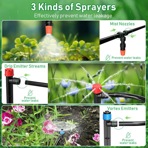 All In One Drip Irrigation Kit With 246 Ft Main One Half Inch Tube And One Quarter Inch Branch Tubing showing sprayers