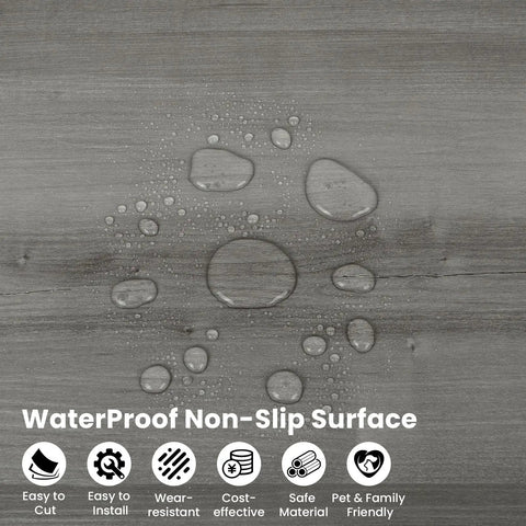 Self Adhesive Peel And Stick Floor Tile Set 10 Pack 15 Sq Ft Natural Grey Wood Grain Look Waterproof PVC Vinyl Plank Flooring showing non-slip surface with water droplets.