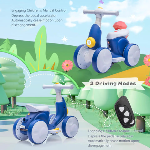 6V Electric Baby Balance Bike With Bubble Machine in blue, remote control, in colorful garden setting