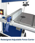 Heavy Duty Ten Inch Deluxe Bandsaw Featuring Half Horsepower Motor And Rock Solid Cast Iron Table Built For Sweet Curved Cuts And Badass Straight Cuts In Serious Woodworking Shops showing redesigned adjustable fence carrier.