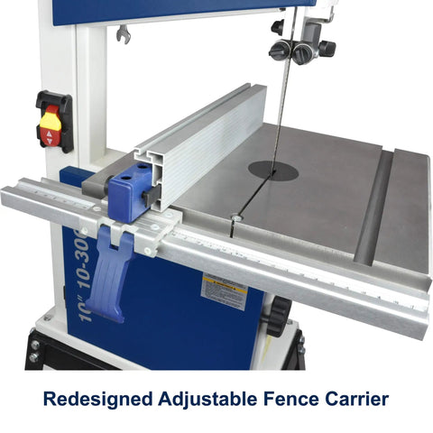 Heavy Duty Ten Inch Deluxe Bandsaw Featuring Half Horsepower Motor And Rock Solid Cast Iron Table Built For Sweet Curved Cuts And Badass Straight Cuts In Serious Woodworking Shops showing redesigned adjustable fence carrier.