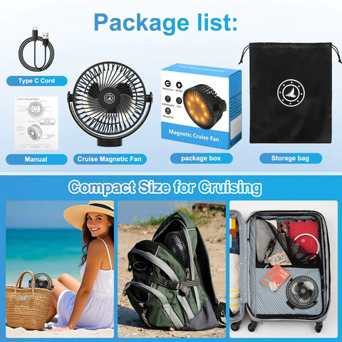 Keep Your Cabin Vibe Fresh With This Magnetic Cruise Fan 12000 Mah Battery 3 Speed Settings Ceiling And Wall Mount Built In Power Bank For Zero Hassle Travel And Sweet Airflow Chill Black package elements with fan and storage.
