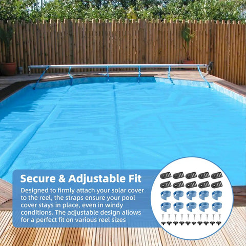 Heavy Duty Pool Solar Cover Reel Straps Rock Solid Buckle Plates For Outdoor Swimming Pools with adjustable fit over the pool.