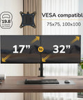 Heavy Duty Dual Monitor Arm Desk Mount For Two Screens 13 To 32 Inches Vesa Compatible swivel stand showing VESA mounts and screen sizes.