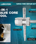 4-in-1 valve core tool from 78 Piece Professional Tire Repair Kit for cleaning and installing valve cores.