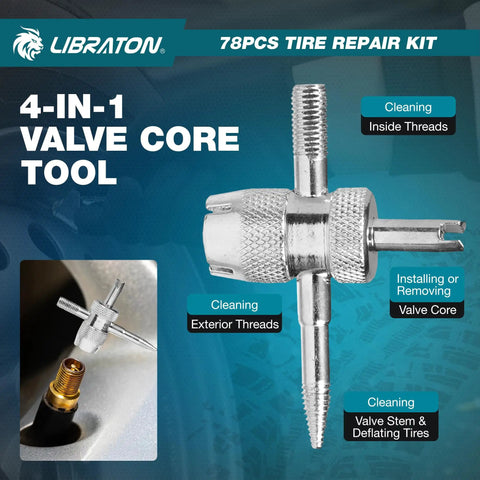 4-in-1 valve core tool from 78 Piece Professional Tire Repair Kit for cleaning and installing valve cores.