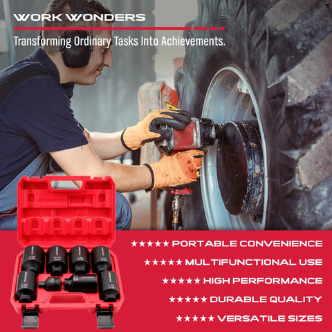 Mechanic using Eight Piece Deep Impact Socket Set One Half Inch Drive For Wheel Axle Nut Wrench High Torque Six Point Imperial Sockets