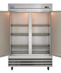 Commercial Two Door Reach In Freezer 54 Inch Wide 47 Cubic Foot Capacity Stainless Steel Double Door Cold Storage with open doors and shelves.