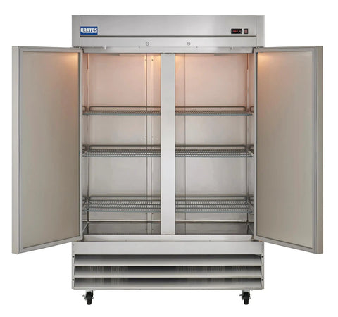 Commercial Two Door Reach In Freezer 54 Inch Wide 47 Cubic Foot Capacity Stainless Steel Double Door Cold Storage with open doors and shelves.