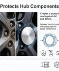 Snap In Wheel Center Caps 4 Pack Premium Scratch Resistant Hub Covers with shiny steel finish protecting hub components from dirt