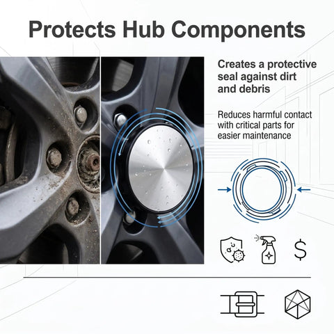 Snap In Wheel Center Caps 4 Pack Premium Scratch Resistant Hub Covers with shiny steel finish protecting hub components from dirt