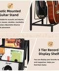 Retro Vinyl Record Player Stand With Adjustable Guitar Holder For Acoustic Or Electric Bass, displaying guitar stand and 3 tier record shelf.