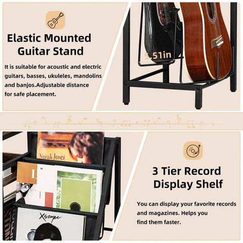 Retro Vinyl Record Player Stand With Adjustable Guitar Holder For Acoustic Or Electric Bass, displaying guitar stand and 3 tier record shelf.