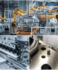 Industrial robotic arms in an assembly line, machinery in operation, and close-up of a precision part for manufacturing.