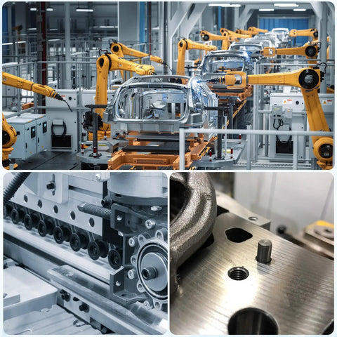 Industrial robotic arms in an assembly line, machinery in operation, and close-up of a precision part for manufacturing.