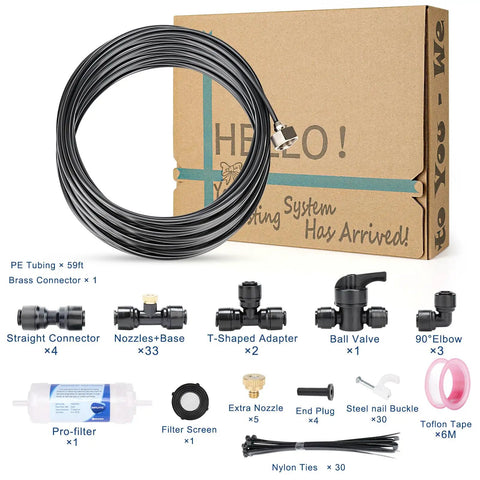 Outdoor Misting System For Patio And Yard With 59 Ft Line, Filter, 23 Brass Nozzles, Brass Adapter Three Quarter Inch, Leak Free Black PU Tubing