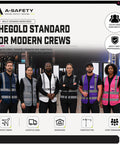 Group of diverse individuals wearing various reflective vests, showcasing color-coded safety gear for work environments.
