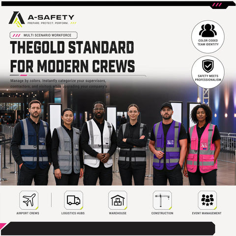 Group of diverse individuals wearing various reflective vests, showcasing color-coded safety gear for work environments.