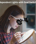 Person using Hands Free LED Magnifier Glasses With 14 Interchangeable Lenses 3X To 15X for embroidery work, showing lighted loupe detail.