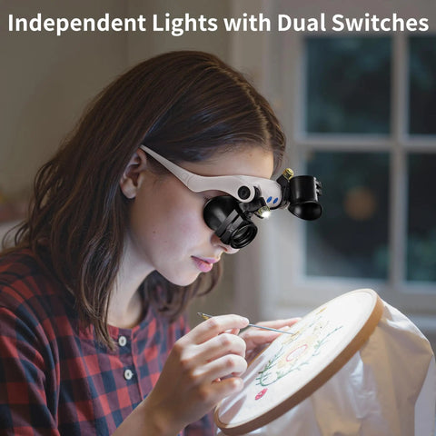 Person using Hands Free LED Magnifier Glasses With 14 Interchangeable Lenses 3X To 15X for embroidery work, showing lighted loupe detail.