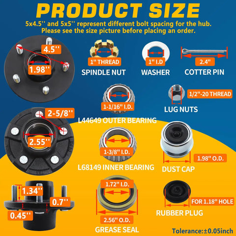 Hella Tough Five By Four Point Five Trailer Hub Kit With EZ Lube Design For Three Thousand Pound Axles size diagram with measurements and components labeled.