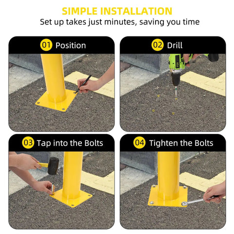 Steps for installing Heavy Duty 4 Pack Safety Bollards 36 Inch Height with anchor bolts, showcasing simple assembly process.