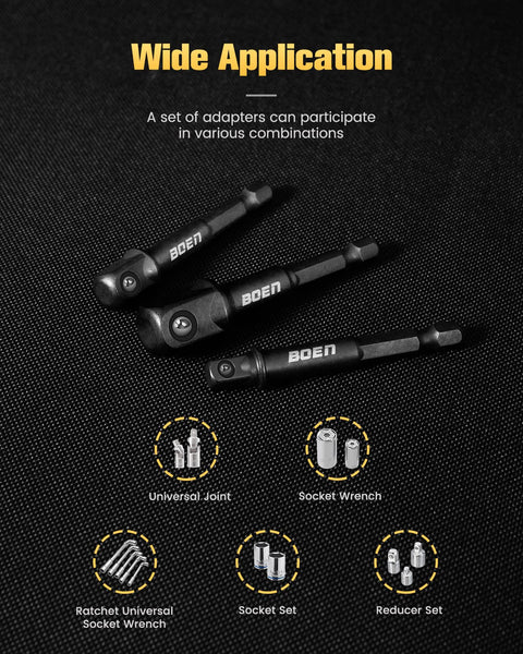 Impact Grade Socket Adapter Set Three-Piece With Bit Holder One Quarter Inch Three Eighths Inch SAE Hex Shank Black Finish