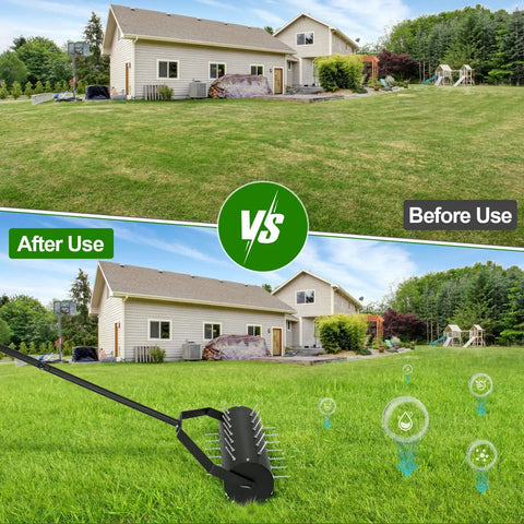 18 Inch Rolling Lawn Aerator Tool With 50 To 70 Inch Adjustable Handle Heavy Duty Spike Aerator Includes Sandbag 40 Iron Spikes Manual Lawn Roller For Yard And Garden Soil Relief From Compaction showing lawn improvement before and after use