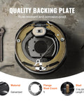 Electric trailer brake backing plate, galvanized 12x2 in, front view with self-adjusting components.