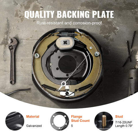 Electric trailer brake backing plate, galvanized 12x2 in, front view with self-adjusting components.