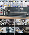 Garvee 8x30 Inch Mini Metal Lathe With 750W Motor And Variable Speed Up to 3000 RPM Precision Benchtop Machine For Hobbyists, side view showing features.
