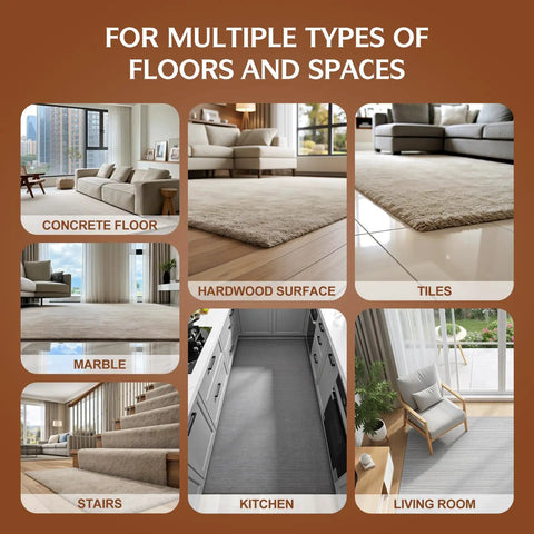 Image showing various floor types including concrete, hardwood, tiles, marble, stairs, kitchen, and living room for rug grippers.