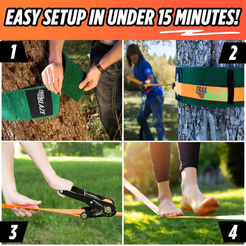 Complete Slackline Kit For Backyard Fun 60 Foot Setup With Training Line And Wide Tree Protectors Designed For Kids And Adults Outdoor Play Ninja Style Slackline Orange setup steps illustration