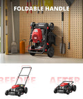 Gas Powered 21 Inch Push Lawn Mower With 144cc OHV Engine folded against garage wall with tools, before and after images shown