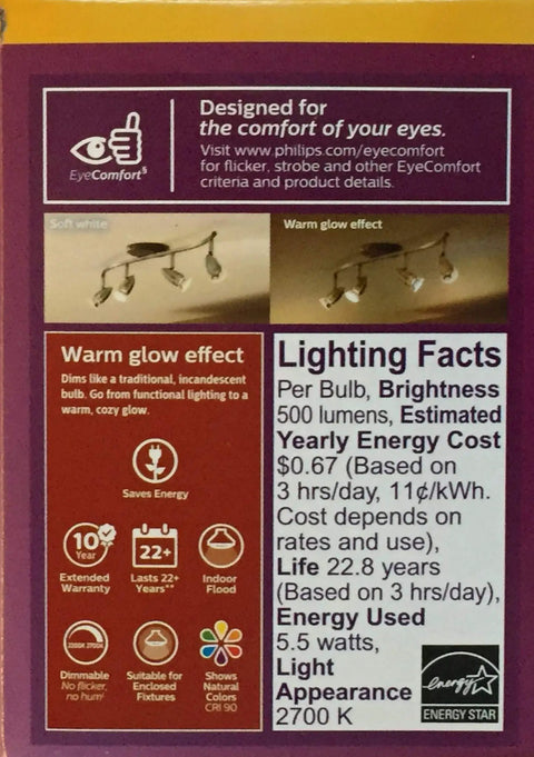Box showing lighting facts and features of Dimmable LED PAR20 Flood Bulb With 40 Degree Beam For Indoor Use Soft White Cozy Warm Glow