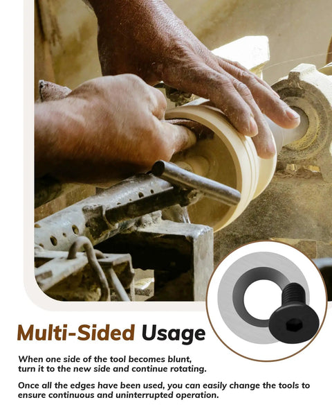 Hands using 10 Pcs 16Mm Round Tungsten Carbide Indexable Lathe Tool Bits for multi-sided wood shaping and carving.