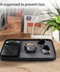 Slick Two Tone PU Leather Catchall Tray Hella Organized Entryway And Living Room Table Organizer For Keys Wallet Watch Jewelry Coins Black Frame Daily Essential with keys, wallet, watch, and sunglasses.