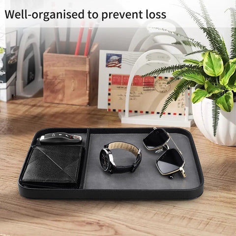 Slick Two Tone PU Leather Catchall Tray Hella Organized Entryway And Living Room Table Organizer For Keys Wallet Watch Jewelry Coins Black Frame Daily Essential with keys, wallet, watch, and sunglasses.