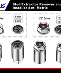 Four Piece Metric Stud Remover And Installer Kit For Six To Twelve Millimeter With Three Eighths Inch Drive For Six And Eight Millimeter And One Half Inch Drive For Ten And Twelve Millimeter Pro Grade Heavy Duty Stud Extraction And Installation In Tight with labeled sockets.