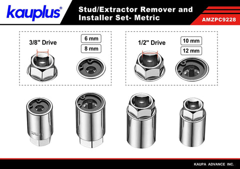 Four Piece Metric Stud Remover And Installer Kit For Six To Twelve Millimeter With Three Eighths Inch Drive For Six And Eight Millimeter And One Half Inch Drive For Ten And Twelve Millimeter Pro Grade Heavy Duty Stud Extraction And Installation In Tight with labeled sockets.