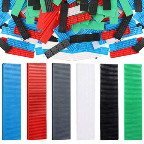 300 Piece Plastic Flat Shims For Leveling Tile And Surfaces, Multi Thickness Set From Three Sixty Fourth Inch To Fifteen Sixty Fourth Inch, Colorful Six Color Pack In Green Black White Grey Blue Red, Durable And Easy To Use For DIY And Pros