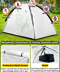 Portable Spray Booth Tent For DIY Furniture Painting With Waterproof Floor And Mesh Screen Plus Rear Vent Easy Setup Shelter For Pro Grade Hobby Painters Shield Station 7X4X4 Feet Paint Tent For Indoor Or Outdoor Use shown in garden with features.