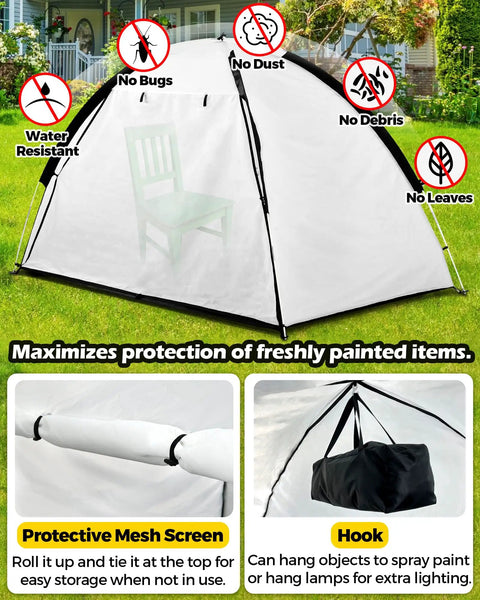 Portable Spray Booth Tent For DIY Furniture Painting With Waterproof Floor And Mesh Screen Plus Rear Vent Easy Setup Shelter For Pro Grade Hobby Painters Shield Station 7X4X4 Feet Paint Tent For Indoor Or Outdoor Use shown in garden with features.