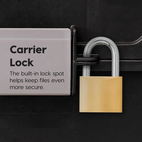 Close-up of lock on Lockable File Box With Lid For Letter Files Portable Document Organizer With Hanging File Ledge.
