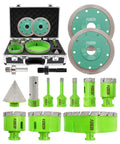 Tile Hole Saw Kit 14 Piece Diamond Core Drill Bit Set For Porcelain Ceramic Marble Brick Granite With Finger Bit Chamfer Bit And Five Eighth Inch Eleven Thread Adapters Plus Two Diamond Blades Pro Grade