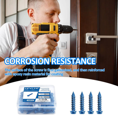 Heavy Duty Concrete Screw Assortment Kit With Drill And Driver Bits For Brick Block Stucco Hex Head Self Tapping Masonry Anchors Built Tough No Sweat Setup Ready For Your Next Home Reno Job One Quarter Long, showing corrosion-resistant screws and drill.