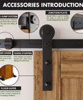 Close-up of accessories for Black Rustic Non Bypass Sliding Barn Door Hardware Kit For Double Doors 7.5 Ft Flat Track With Straight Rollers Heavy Duty Steel Interior Use Only Doors Not Included Built To Last With Smooth Quiet Easy Gliding