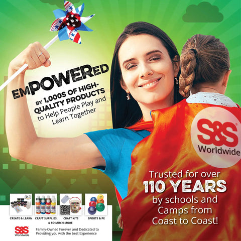 Woman holding child with S&S Worldwide slogan and pinwheel on green background, promoting high-quality educational products.