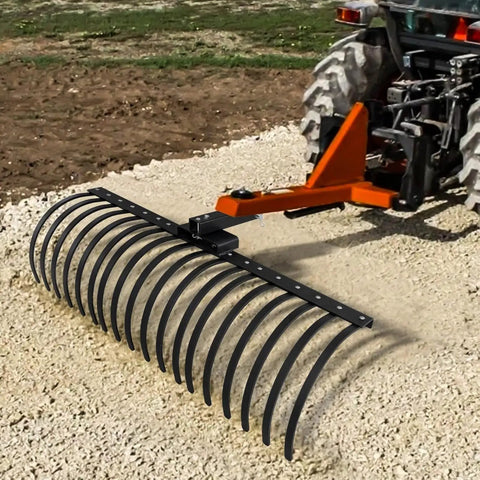 49 Inch Landscape Rake Attachment With 17 Spring Steel Tines for Lawn Tractors and ATV UTVs shown connected to tractor.