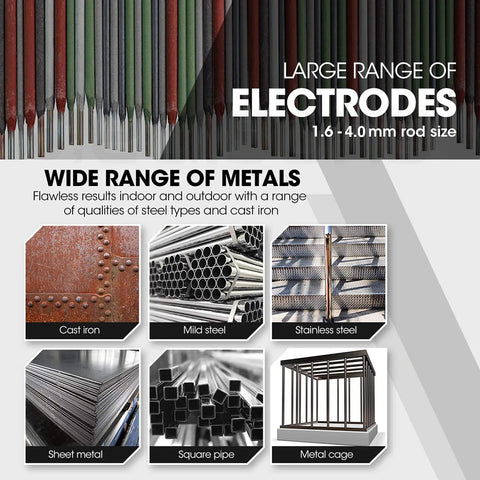 Large range of electrodes and metals for Beefy 165 Amp Dual Voltage MMA Stick Welder With Digital Display, IGBT Inverter Arc Welder